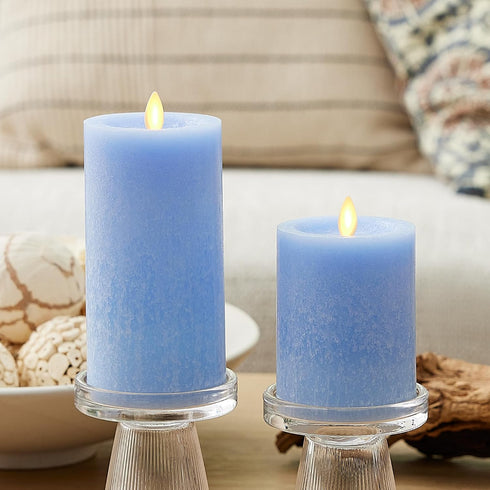 3" 4.5", Luminara Sea Glass Flameless Candle, Cornflower x Moving LED Flame Pillar with Timer, Battery Operated, Real