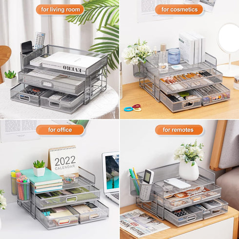 Marbrasse 3 Tier Mesh Desk Organizer with Drawer, Multi-Functional Paper Letter Organizer and Accessories for Home