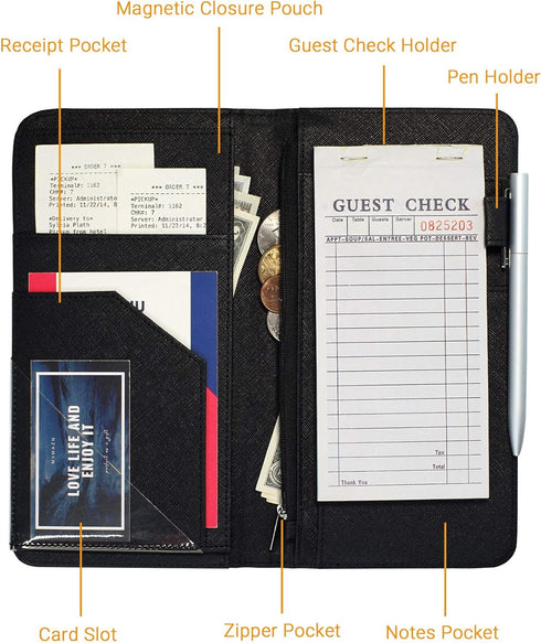 5 9 Mymazn X Server Book for Waitress with Magnetic Closure, Zipper Pocket and Pen Holder (Black)