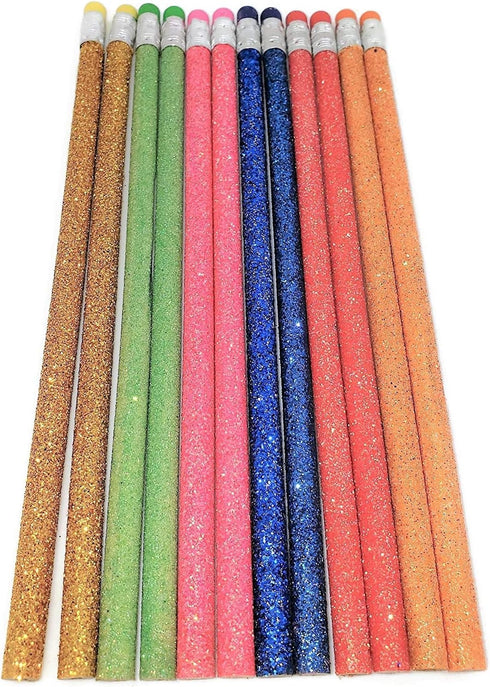 Sparkle Glitter Fun #2 Lead Pencils, 7.5" (36 Pack) in 6 Glitter Colors: Yellow, Red, Pink, Green, Blue, Orange