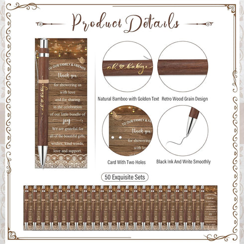 Spakon 72 Sets Rustic Baby Shower Pens Favors with 72 Bamboo Ballpoint Pens & Thank You Bookmarks for Guests
