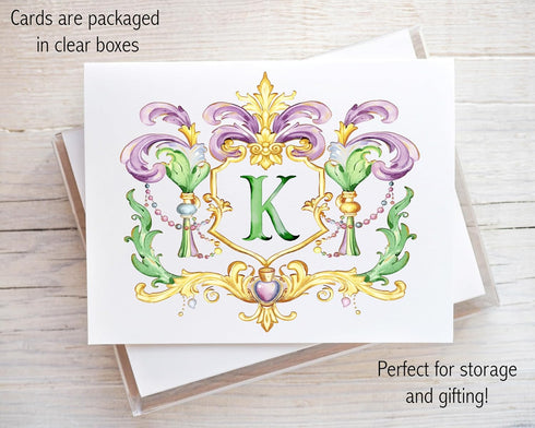 Designing Moments Monogrammed 25-17 Custom Mardi Crest Monogram Folded Note Cards, Watercolor Mardi Gras Green