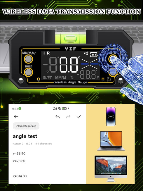 YIF Wireless Digital Angle Finder Tool, Dual Axis, Magnetic Angle Finder with Clear Display for Absolute Measurement