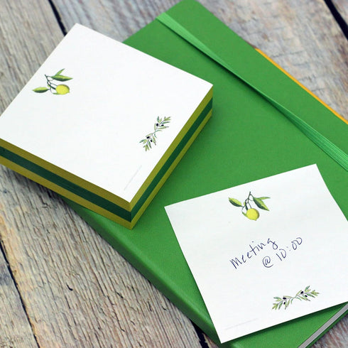 Lemon & Olive Branch Sticky Note Cube, 3 3/8" x 3 3/8" x 1" (86mm x 86mm x 25mm)
