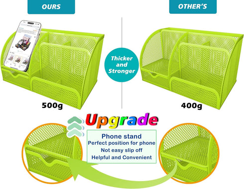 Boutilon Mesh Desk Organizer with 6 Compartments and 1 Drawer, Multi-Functional Caddy Pen Holder for Home Office School
