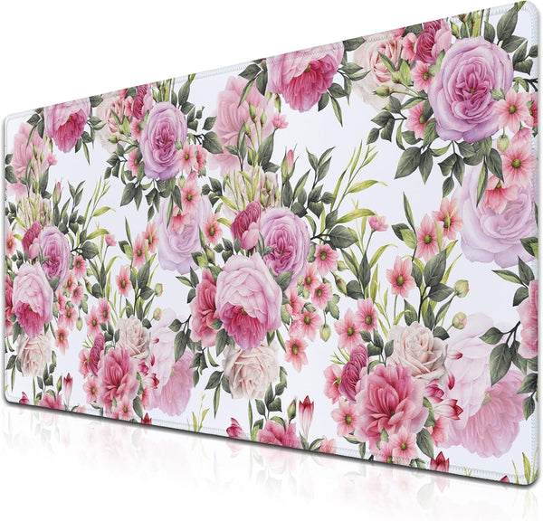 Pink Desk Mat Mouse Pad for Women - Extra Large 35.4" x 15.7" Non-Slip Rubber Base for Game Office, Roses Wreath
