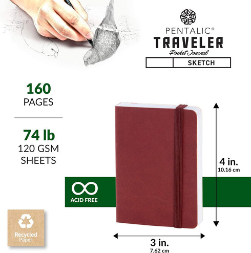 Pentalic 3" x 4" Pocket Sketchbook Traveler Journal, 160 Pages, Burgundy
