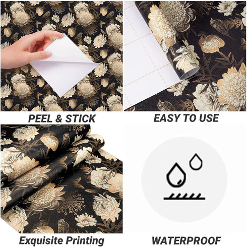 17.5x354 Inch Decotalk Dark Floral Wallpaper Peel and Stick Black Floral Wallpaper Removable Gold and Black Flower Wall