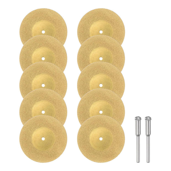 10pcs Diamond Cutting Wheel 50mm, Titanium Coating Cut Off Discs with 2pcs 3mm Mandrel