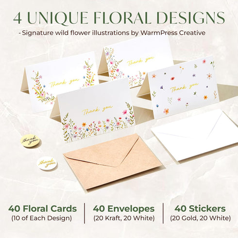 WarmPress Creative 40 Pack 4x6 300GSM Floral Thank You Cards with Envelopes Bulk - Gold Foil Blank Cards with Matching