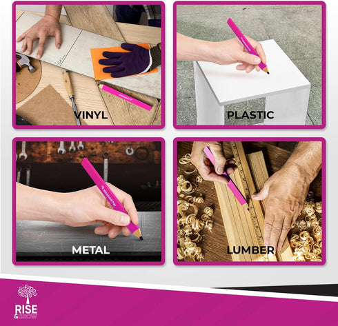 Rise & Grow 50 Set, 7' Neon Pink Carpenters Pencils - HB Lead Flat Construction Pencils for Men, Women - Marking Wood
