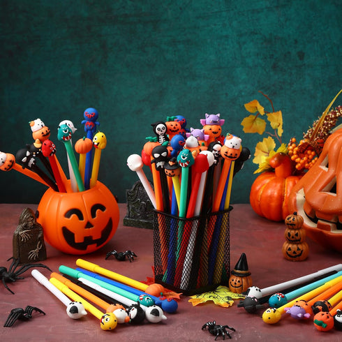 Yeaqee 120 Pieces Halloween Pens, Pumpkin Skull Bat Rollerball Gel Ink Pens for Student Stationery Supplies