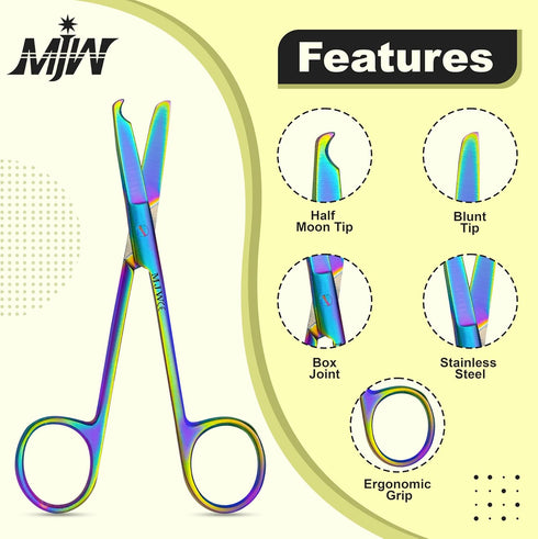 MJW Trimming Stainless Steel Suture Stitch Scissors with Multicolor/Rainbow Titanium Coating - Precision Scissors