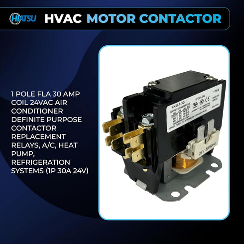 HVAC Motor Contactor 1 Pole FLA 30 Amp Coil 24VAC Air Conditioner Definite Purpose Contactor Replacement Relays, A/C, Heat Pump, Refrigeration Systems (1P 30A 24V)