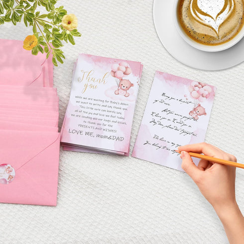 50 Pack 4 6 Inch Baby Shower Thank You Cards with Envelopes Stickers - Cute Bear Baby Shower Cards - Baby Girl/Baby Boy