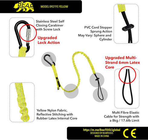 BearTOOLS Tool Lanyard with Buckle Strap Clip Bungee Cord Heavy Duty Screw Locking Carabiner Fall Protection and Safety Adjustable Loop End Tough Tether Construction - 0922YS (2 Pack) by GearbyBear