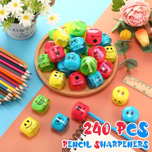 Crtiin 240 Pcs Colorful Cartoon Expression Pencil Sharpeners, Manual Dual Holes Handheld Sharpener for School Office