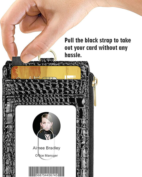ELV Black Badge Holder with Zipper, PU Leather ID Wallet, 5 Card Slots, RFID Pocket & 20" Neck Lanyard Strap for ID