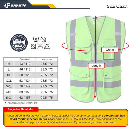 JKSafety Class 2 High Visibility Safety Vest 9 Pockets Zipper Front Reflective Strips 150-Green 4X-Large