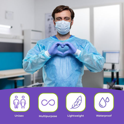 AMZ Medical Supply Disposable Isolation Gown, Large, 10 Pack of Blue Fluid Resistant Gowns