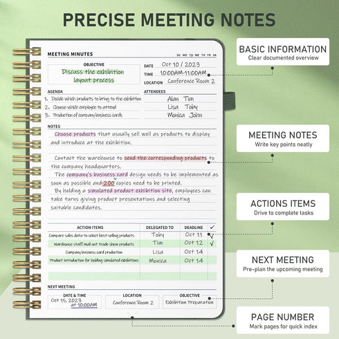 WEMATE Simplified Meeting Notebook for Work, 200 Pages, Office Supplies for Project Planner, PU Leather Hardcover