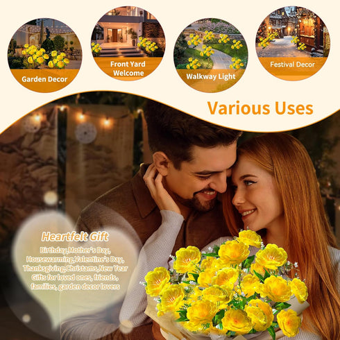 4PK 7-Stem 2 Neporal Solar Flowers Outdoor Waterproof, Yellow Camellia with Lighting Modes & Romantic Warm Light, Solar