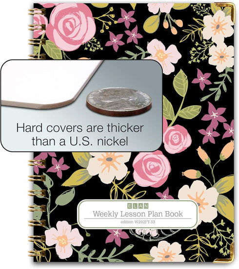 Elan Publishing Company HARDCOVER Teacher Lesson Plan Book with Bonus Clip-in Bookmark (Black Floral)