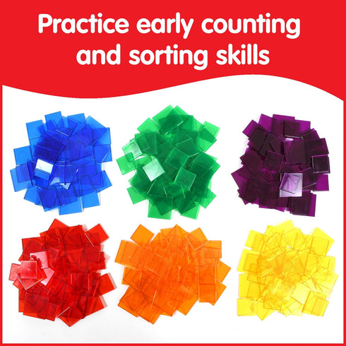 edxeducation Transparent Tiles | Mini Jar | Colorful, Plastic Squares | Light Box Accessory | Sensory Play | Early Math
