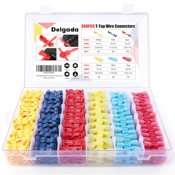 Delgada 360pcs Quick Splice Wire Connectors Kit, Electrical T Tap, Insulated Waterproof Terminals with Storage Box