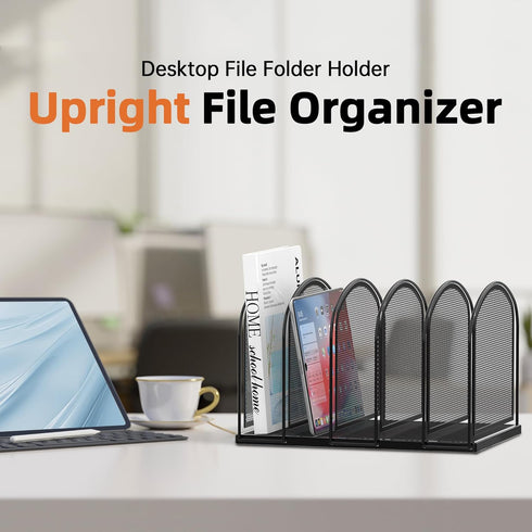 SUPEASY Black 5-Section Mesh File Organizer, Upright Desktop Organizer, File Sorter for Office Supplies