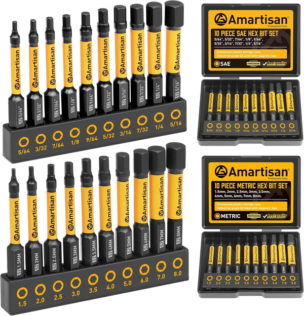 Amartisan 20-Piece Hex Head Allen Wrench Drill Bit Set, Metric and SAE S2 Steel Hex Bits with Storage Box