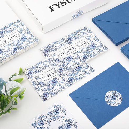 50 Pack 4 6 Inch FYSUIMU Blue White Floral Thank You Cards Boxed Chinoiserie Flower Greeting Cards With Envelopes