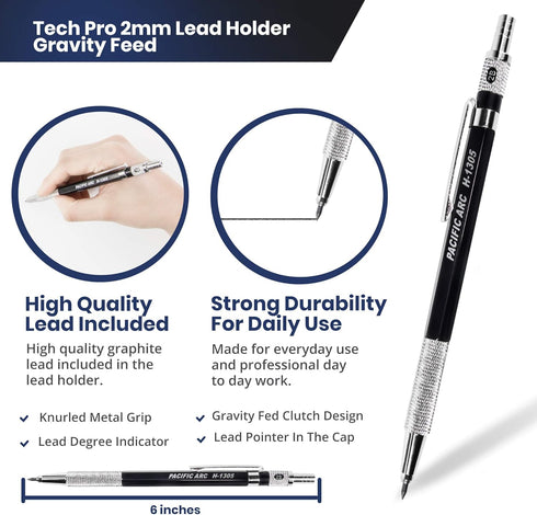 Pacific Arc Black Drafting Pencil, 2mm Lead Holder and Lead Sharpener for Artist Drawing, Drafting, Sketching