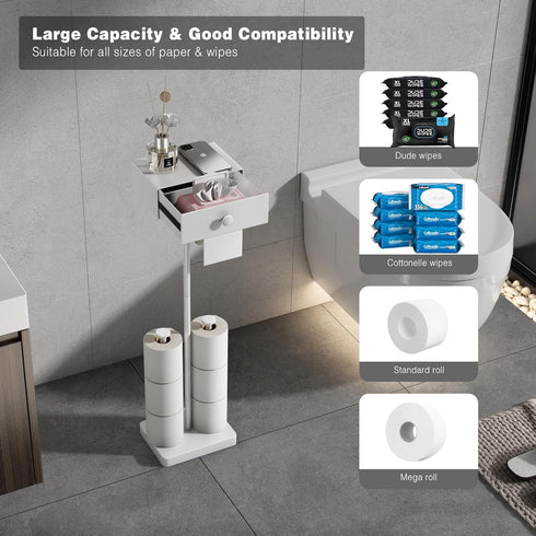 7 VOLDRA Toilet Paper Holder Stand with Shelf, Free Standing Toilet Paper Roll Holder with Wipes Storage Drawer Heavy