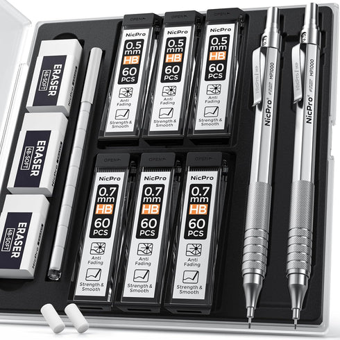 Nicpro 2 PCS Mechanical Pencil 0.5mm & 0.7mm with Case - MP1000 Metal Artist Pencil Set with Lead Refills and Erasers