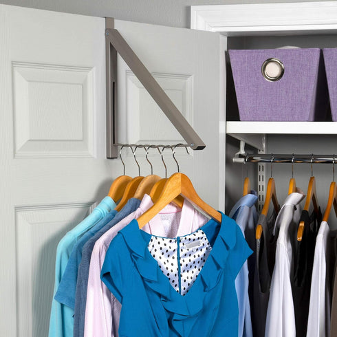 HOLDN’ STORAGE Over The Door Hanger, Single Foldable Rack Organizer for Coats, Clothes & Towels, Satin Nickel