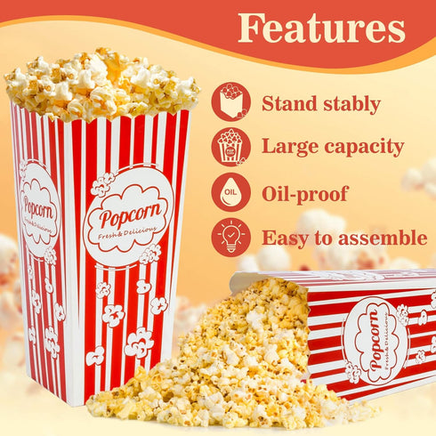 MAQIHAN 18PCS Popcorn Boxes, 46oz Square Popcorn Buckets for Kids Christmas Movie Night, Red & White