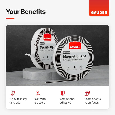 GAUDER Self-Adhesive Magnetic Tape, Strong Foam Adhesive Strips for Uneven Surfaces, High Strength Magnet Roll (10 ft x