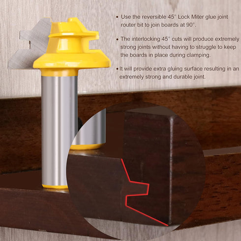 45 Degree Router Bit, Newdeli 1/2 Shank 45 Degree Lock Miter Router Bit, 1/2-inch Stock Woodworking Tools for 90-Degree