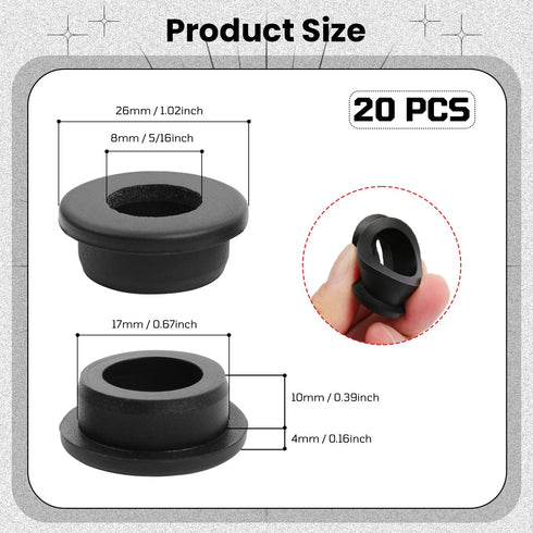 Sunkoo 20PCS Grommets 11/16"(17mm) 5/16"(8mm) Grommets Rubber Drill Hole, ID Durable Black Silicone Top Hat
