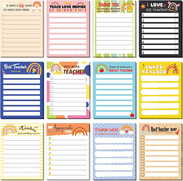 Teacher Notepad Sets, Lined Notepads To Do List Memo for Appreciation Present, 12 Pcs Rainbow Style