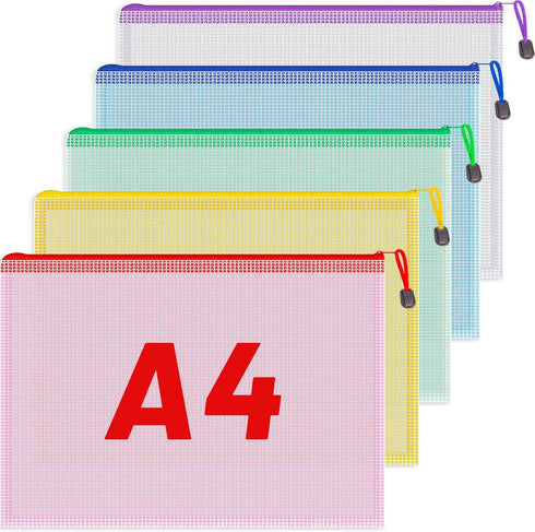Koogel 5PCS Mesh Zipper Pouches, Waterproof Zipper File Bags for A4 Paper, Travel, Office, School, Cosmetics