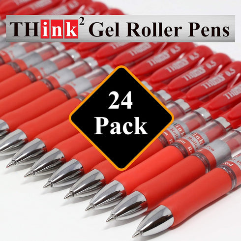 Think2 Retractable Gel Pens - 24 Red Ink Fine Point (0.5mm) Rollerball Pens with Comfort Grip