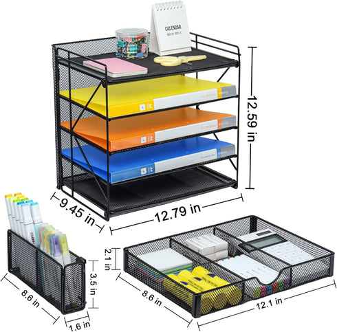 GALASALA 5-Tier Mesh Desktop File Organizer with Drawer, Paper Sorter for School Office Supplies, Black
