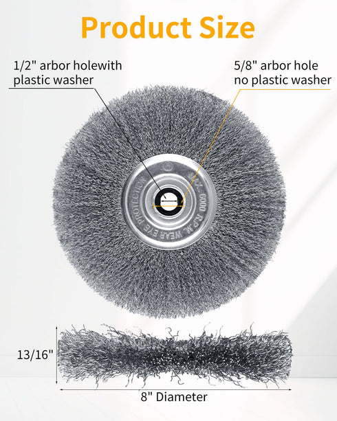 2Pcs 8 Inch Wire Wheel for Bench Grinder, High-Quality Brush for Rust Cleaning, Fits 1/2" & 5/8" Arbor