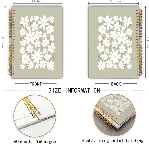 Boho Retro Daisy Floral Spiral Notebook, College Ruled 5.5×8.3 Inches Hard Cover Journal for Writing, Gifts for Women