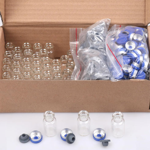 100 Pack Glass Vials, Clear Glass Headspace Vial with Plastic-Aluminum Flip Caps, Rubber Stoppers, 2ml