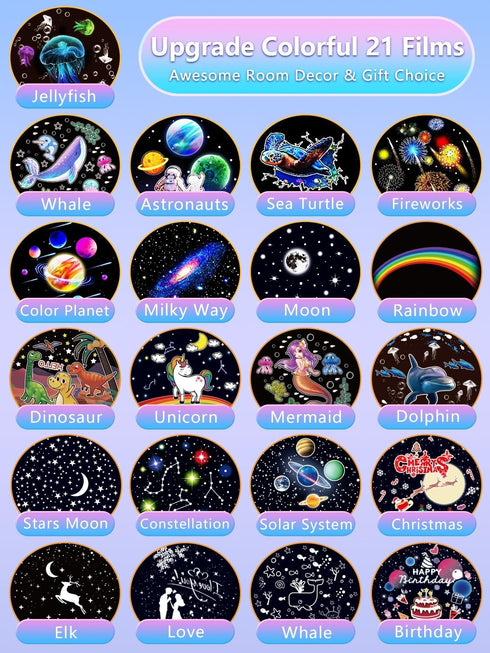 21 Sets 3-14 360 Night Light for Kids + of Films, Projector Night Light for Kids Bedroom, Ceiling, Star Galaxy