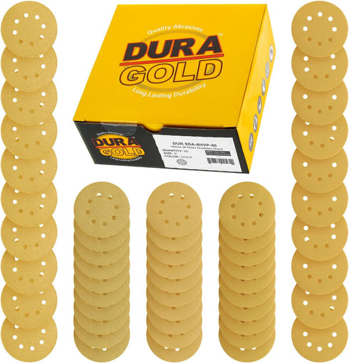Dura-Gold Premium Variety Pack - 5" Gold Sanding Discs, 8-Hole Dustless Hook and Loop, 10 each of Grit (60, 80, 120,