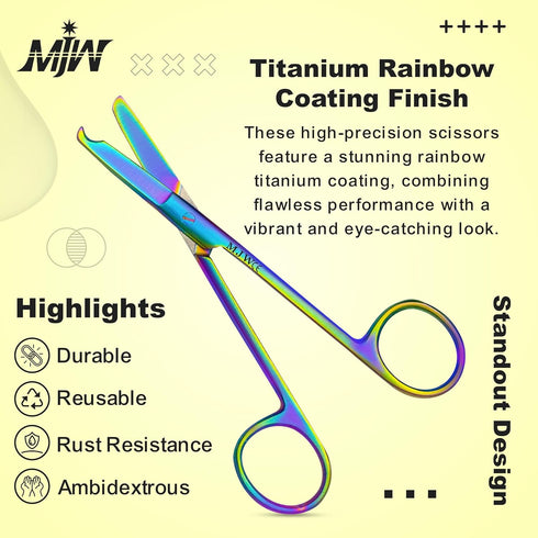 MJW Trimming Stainless Steel Suture Stitch Scissors with Multicolor/Rainbow Titanium Coating - Precision Scissors
